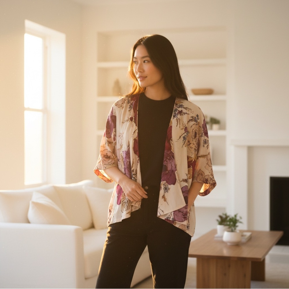 ODILLE x Anthropologie Silk Floral Kimono- Cream and Pink . Women’s Size Medium - Picture 7 of 10